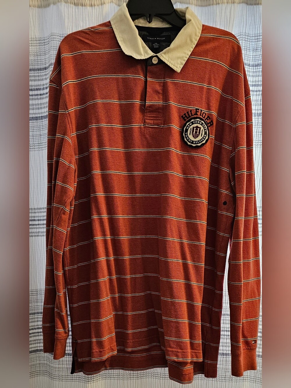 Tommy Hilfiger Men's Rust and Cream Striped Long-Sleeve Polo